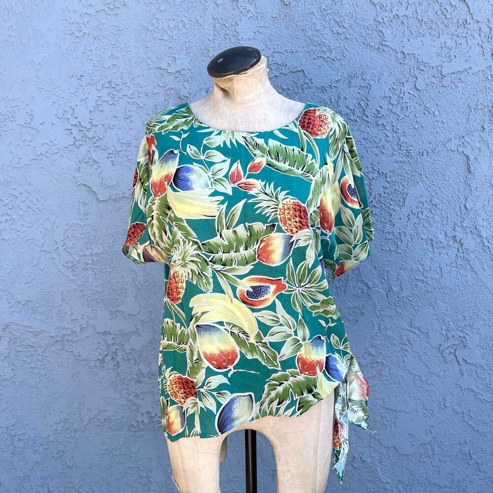80s Hawaiian Shirt Fruit Print Asymmetric size large Hilo Hattie tropical